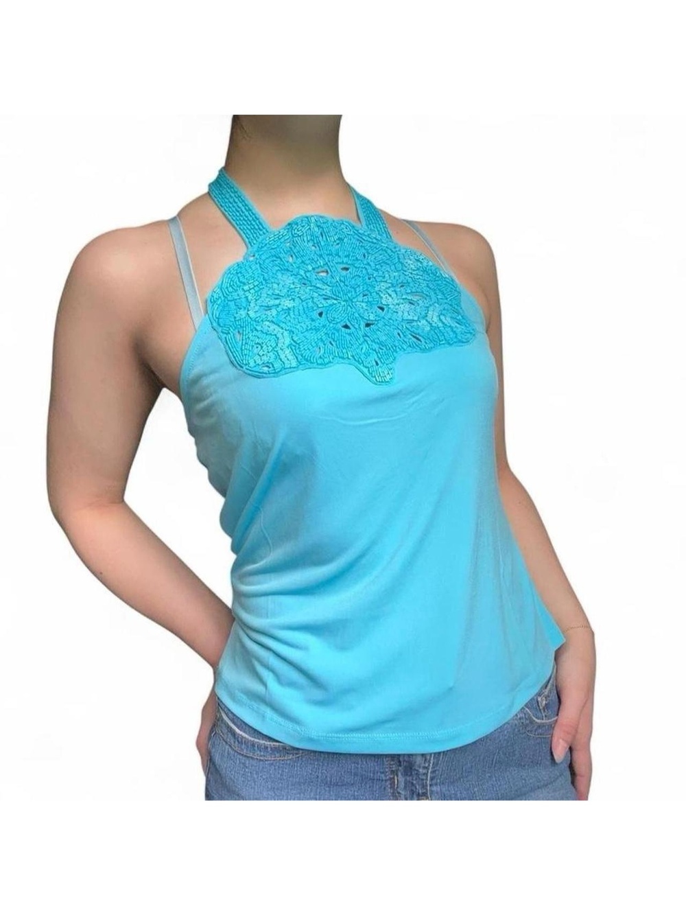 teal beaded tie sleeveless halter top